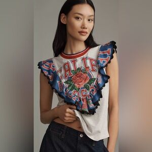 NWT Anthro Maeve Reworked Graphic Ruffle Sleeve Sporty Tee - Gray and Red